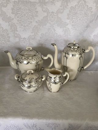Lenox - Belleek 8 Piece Tea/coffee Set With Sterling Silver Over Lay Art Nouveau