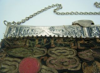 An Antique C1900s Chinese Silver Bag Purse With SILK Decoration.  Needs T.  L.  C 4