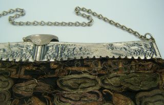An Antique C1900s Chinese Silver Bag Purse With SILK Decoration.  Needs T.  L.  C 5