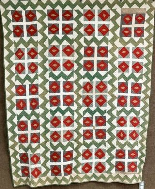 Unusual C 1900 Squares Zig Zags " Seeing Eye " Quilt Antique Red Green