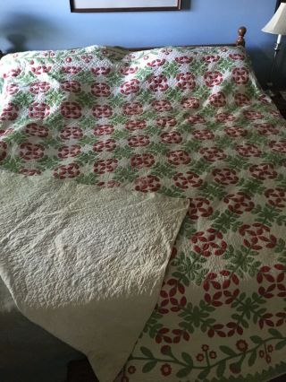 Antique Quilt Red N Green 98x100 Meticulously made In 1800s 2