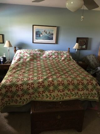 Antique Quilt Red N Green 98x100 Meticulously made In 1800s 4