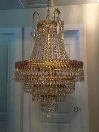 Large Floral Vintage Mid Century Crystal Chandelier Hollywood Regency French A