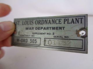 Vintage 1940 - 50 ' s St.  Louis Ordnance Plant War Dept Metal Serial Contract Tag 2