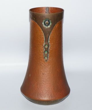 1910s US Arts & Crafts Hammered Copper & Brass w.  Copper Overlay Vase 10