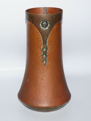 1910s US Arts & Crafts Hammered Copper & Brass w.  Copper Overlay Vase 11