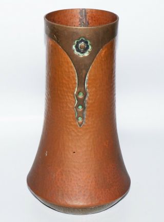 1910s US Arts & Crafts Hammered Copper & Brass w.  Copper Overlay Vase 5