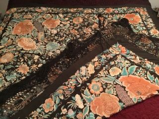 FINEST ANTIQUE 1880 ' s CHINESE CANTON EMBROIDERED SILK PIANO SHAWL EMBROIDERY 12