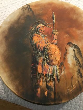 Vintage Hand Painted Deer Skin Indian Drum 22 In.  Signed / Beautifully Painted 3