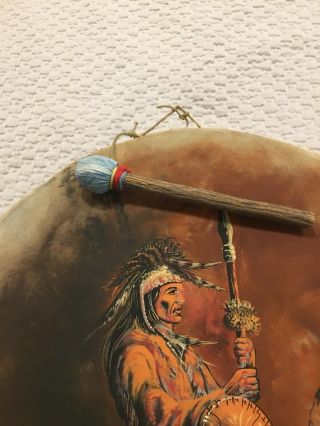 Vintage Hand Painted Deer Skin Indian Drum 22 In.  Signed / Beautifully Painted 5