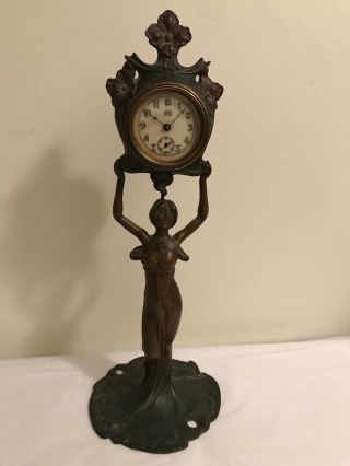 Art Nouveau Jennings Bros Figural Lady Patd Date 1894 Mantle Clock