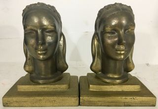 Art Deco Frankart Maiden Head Bust Bookends Bronzed Metal