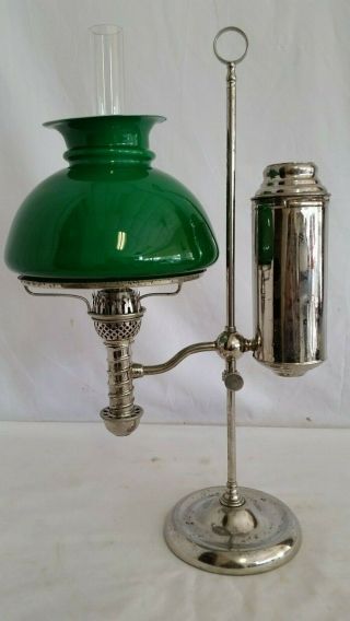 Antique 1879 Manhattan Brass Nickel Plated Student Oil Lamp,  Green Shade,  Chimney