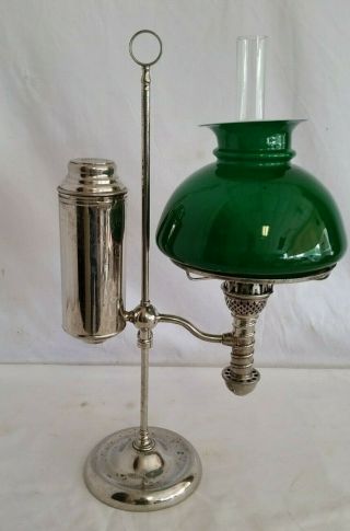 Antique 1879 Manhattan Brass Nickel Plated Student oil Lamp,  Green Shade,  Chimney 2
