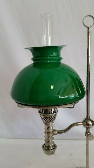 Antique 1879 Manhattan Brass Nickel Plated Student oil Lamp,  Green Shade,  Chimney 3