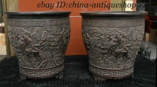 9 " Chinese Yixing Zisha Pottery Carved Dragon Phoenix Flowerpot Pot Statue Pair