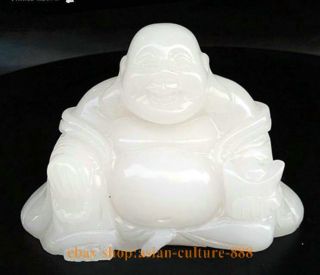 9 " China White Jade Hand - Carved Happy Laugh Maitreya Buddha Hold Yuanbao Money S