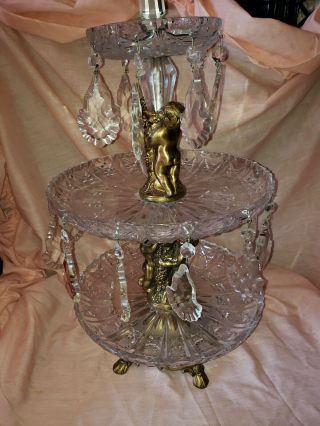 Vintage Epergne Crystal And Brass Nudes Centerpiece