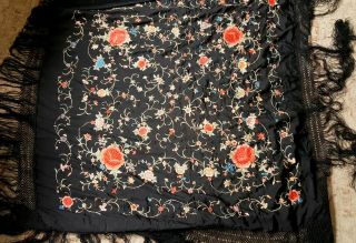 Antique Canton Embroidered Silk Double Side Piano Shawl 1900s