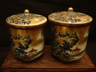 Marked Kutani Seizan Japanese Showa Period Kutani His & Hers Covered Tea Cup Set