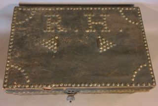 Antique 19thc Pre Civil War Primitive Brass Tack Leather Hide Document Chest Box