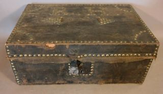 Antique 19thC Pre CIVIL WAR Primitive BRASS TACK LEATHER Hide DOCUMENT CHEST Box 2