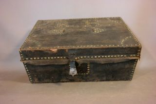 Antique 19thC Pre CIVIL WAR Primitive BRASS TACK LEATHER Hide DOCUMENT CHEST Box 7
