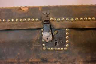 Antique 19thC Pre CIVIL WAR Primitive BRASS TACK LEATHER Hide DOCUMENT CHEST Box 8
