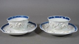 Pr Antique Chinese Blue & White Porcelain Cups & Saucers,  18c,  Butterflies