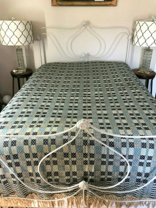 Unusual 1800s Coverlet Antique 2 Panel Homespun Blanket W/ Fringe Blue Bedspread