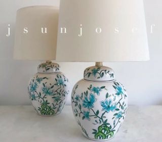 Vibrant Pair Hand Painted Vintage Mid Century Ginger Jar Lamps Bitossi Style