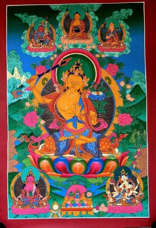 Rare Masterpiece Handpainted Tibetan Manjushri Thangka Painting Chinese Buddha