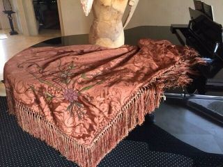 Awesome Vintage Floral Embroidered Piano Shawl With Knotted Fringe 60 " X 60 "