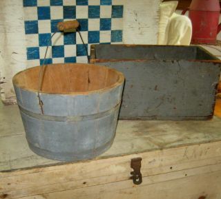 Fabulous Old Wooden Bail Handle Bucket Wonderful Old Blue Paint Aafa Nr