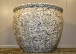 Chinese Hand Carved Faux Bone Tile Pottery Planter Pot Dragons 19.  5 " Scrimshaw
