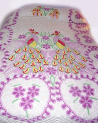 Quality Vintage Chenille Peacock Bedspread Double Size