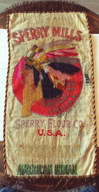 Silk Embroidered Sperry Mills Flour Sack American Indian Chief 1914 Rich Colors
