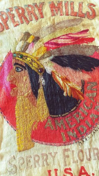 SILK EMBROIDERED SPERRY MILLS FLOUR SACK AMERICAN INDIAN CHIEF 1914 Rich COLORS 2