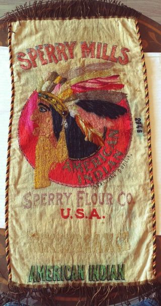SILK EMBROIDERED SPERRY MILLS FLOUR SACK AMERICAN INDIAN CHIEF 1914 Rich COLORS 3