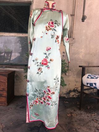Antique 1930s Chinese Qipao Cheongsam Blue Silk Embroidery Banner Dress Vintage 3