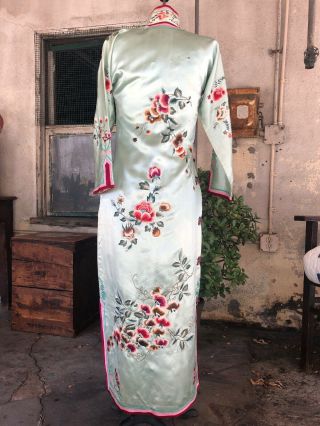 Antique 1930s Chinese Qipao Cheongsam Blue Silk Embroidery Banner Dress Vintage 9