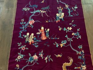 Vtg Antique Chinese Silk Embroidery Textile Panel Children Figures Dragon Dec. 3