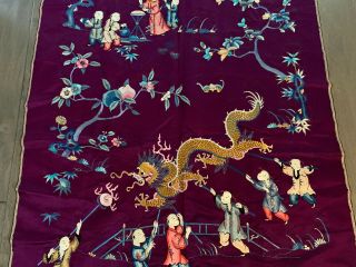 Vtg Antique Chinese Silk Embroidery Textile Panel Children Figures Dragon Dec. 4