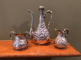 Antique Gorham Sterling Silver Repousse Demitasse 3 Piece Set