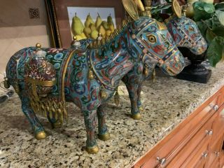 Pair Antique Large Cloisonne Donkeys With Saddles And Packs.  17 " L,  13 " H