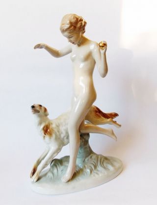 Vintage Art Deco Era Royal Dux Diana The Huntress Porcelain Figurine,  Statuette