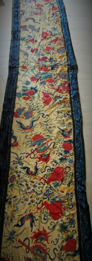 Chinese Antique Hand Embroidered Silk Banner Some Damage But Wonderful Colours