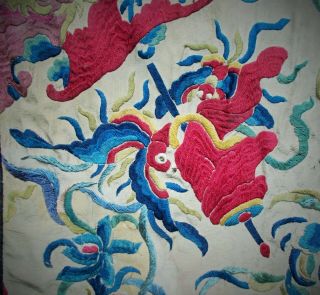 CHINESE ANTIQUE HAND EMBROIDERED SILK BANNER SOME DAMAGE BUT WONDERFUL COLOURS 6