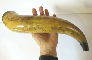 LARGE ANTIQUE COW POWDER HORN SCRIMSHAW FLASK FOLK ART LOVE TOKEN EARLY TRAIN 10