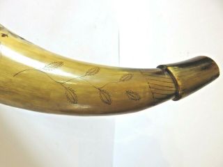 LARGE ANTIQUE COW POWDER HORN SCRIMSHAW FLASK FOLK ART LOVE TOKEN EARLY TRAIN 11